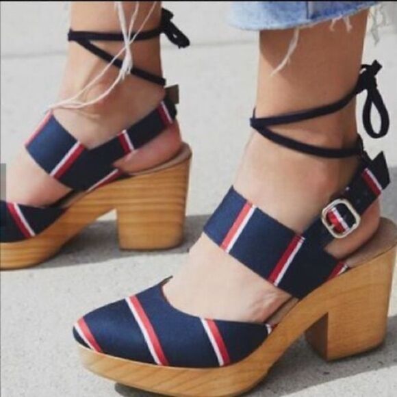 FREE PEOPLE MONOCO PLATFORM WOOD HEELED CLOGS NEW NAVY RED WHITE STRIPED EU 41 - Picture 1 of 7